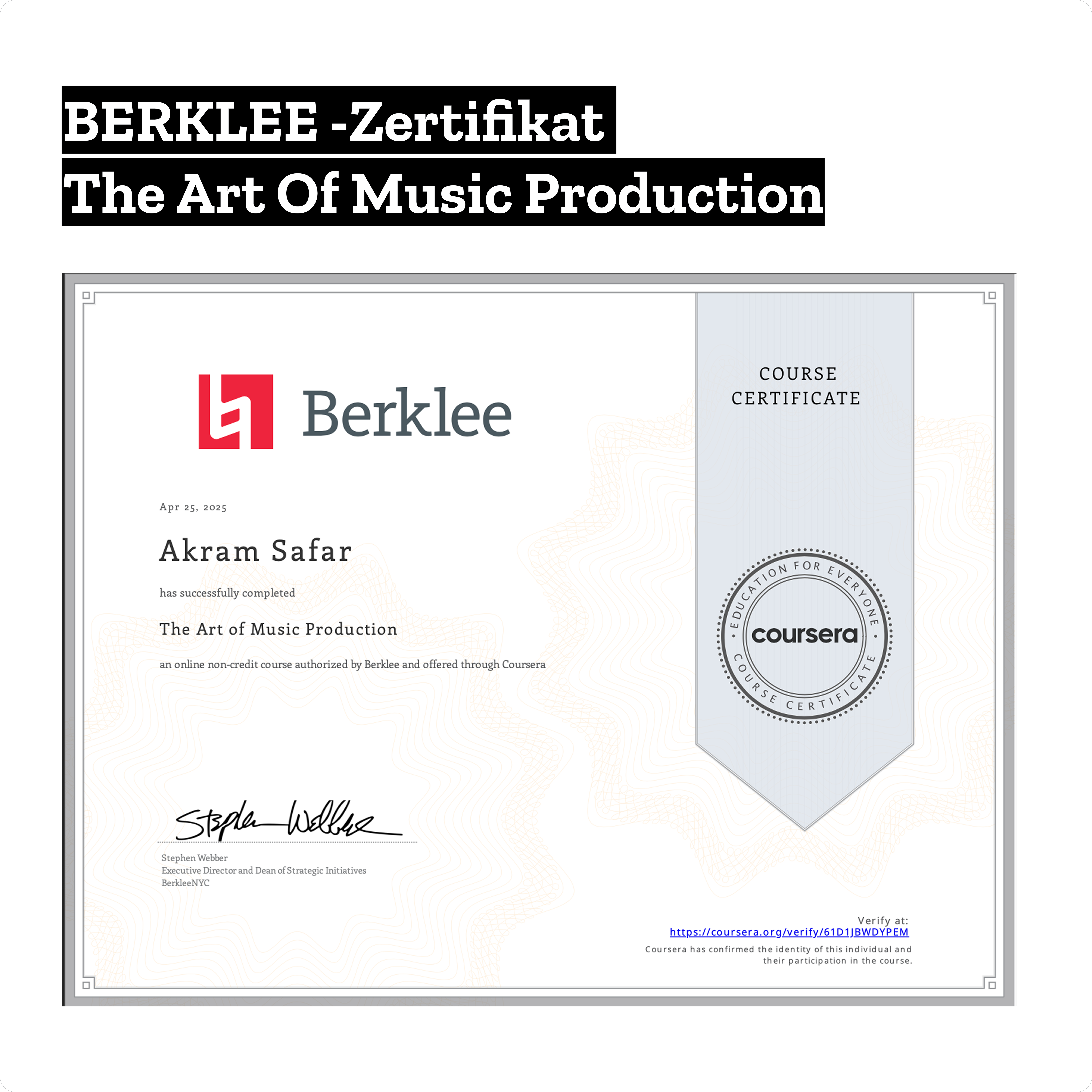 Berklee Zertifikat The Art Of Music Production - professionelle Musikproduktion Ausbildung