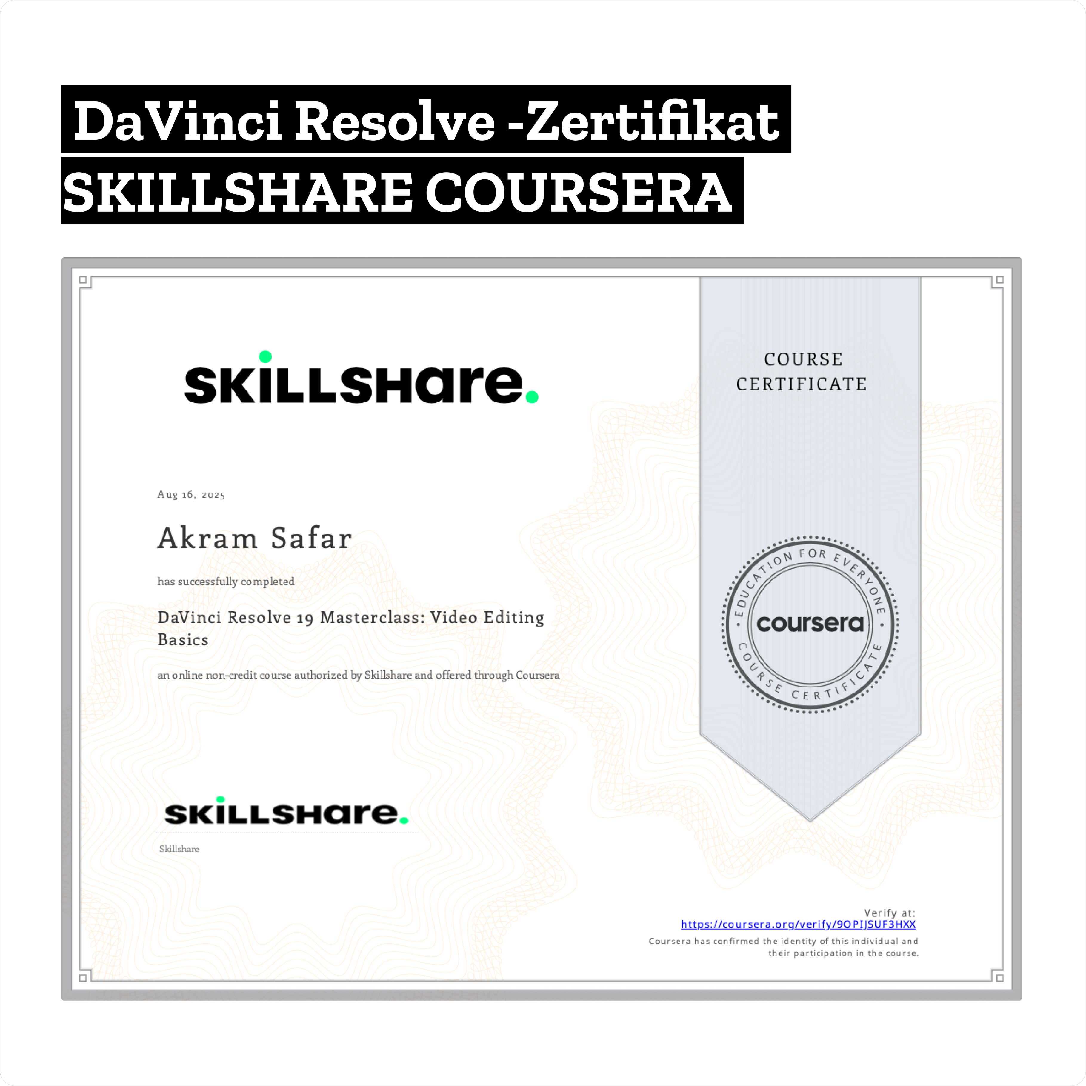 DaVinci Resolve Zertifikat - professionelles Color Grading und Video Editing