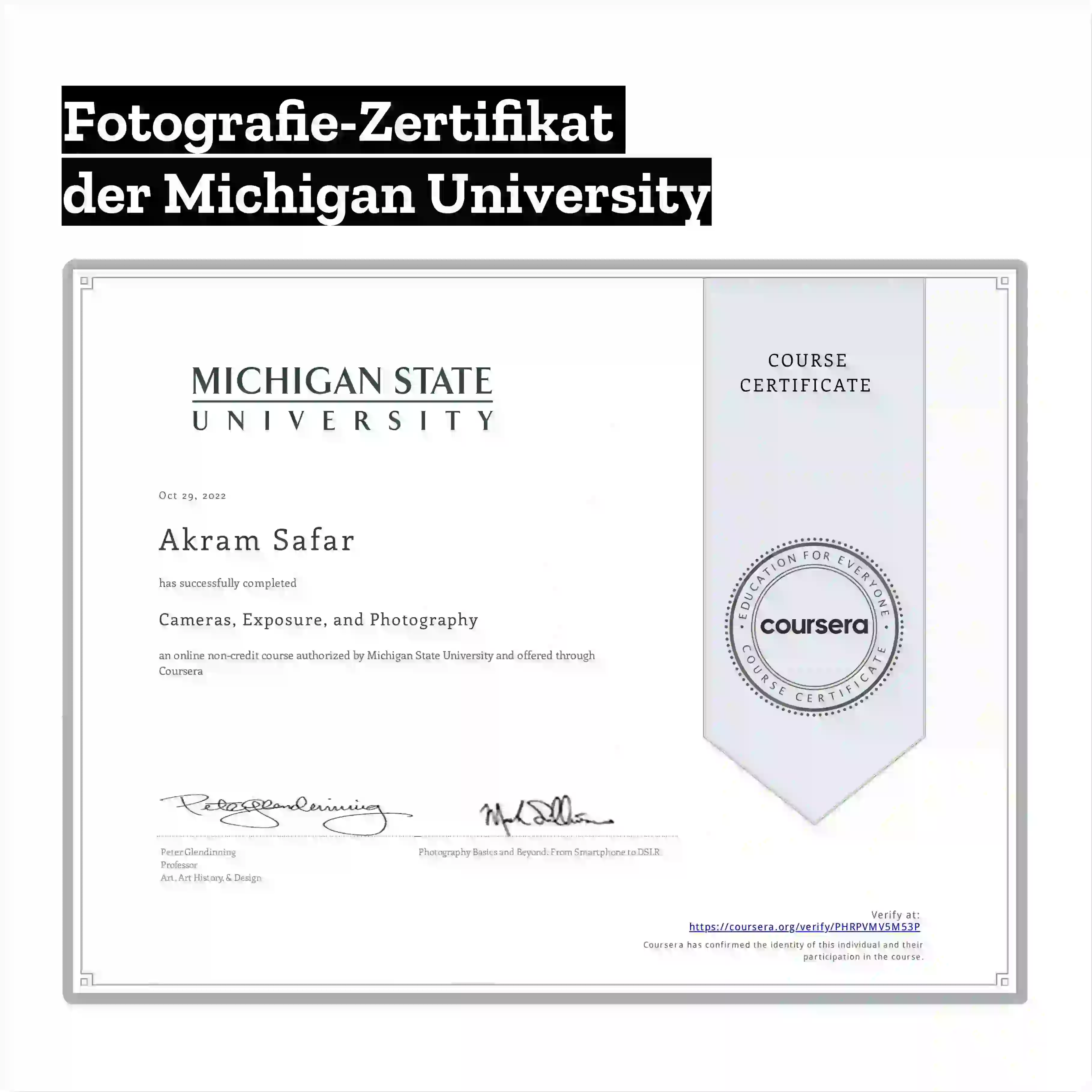 Fotografie Zertifikat bei der Michigan University - professionelle Fotografie Ausbildung